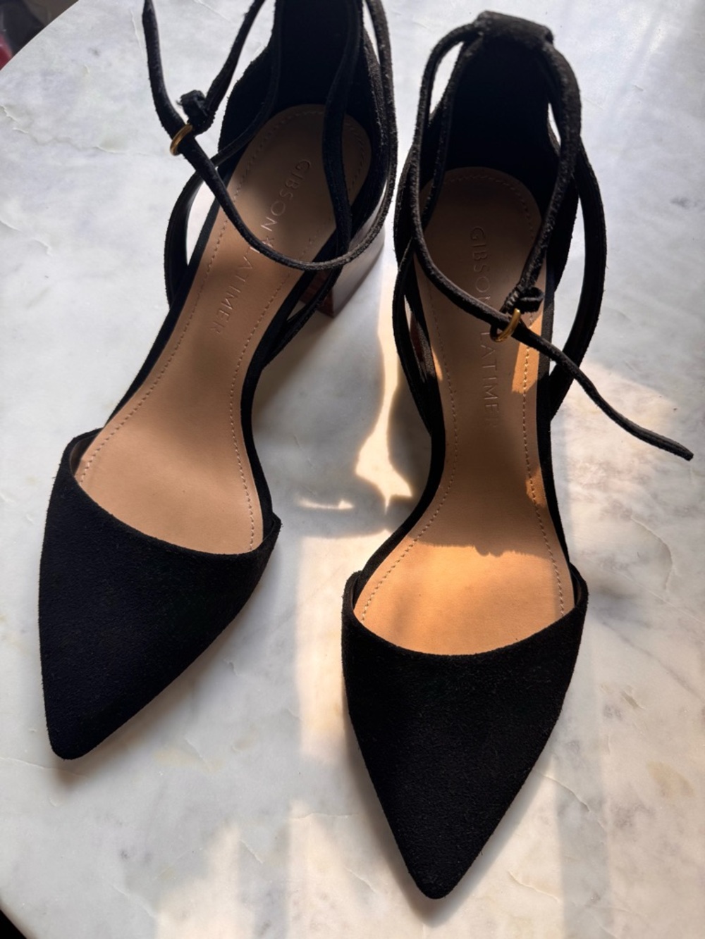 Gibson Latimer Black Pointed Toe Suede Ankle-Tie Block Heels